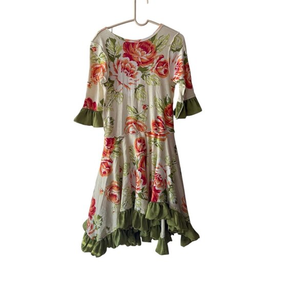 Floral Giggle Moon Girls Dress With Green Ruffled Hem & Sleeves Rosette Size 6X - Picture 5 of 6